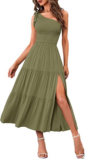2026 New Summer Fashion Women's One-shoulder Pleated Layered Hem Split Dress