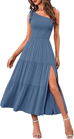 2026 New Summer Fashion Women's One-shoulder Pleated Layered Hem Split Dress